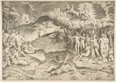 The triumph of love, cupid riding a chariot drawn by unicorn is in the upper right, naked figures fill the composition