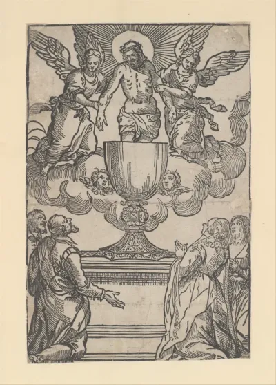 The Triumph of the Eucharist, Christ as the Man of Sorrows supported by two angels standing in a chalice