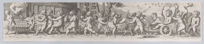The triumph of the infant Bacchus, who is being pulled along in a chariot by putti playing musical instruments