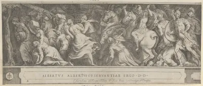 The Triumph of Two Roman Emperors (left-hand side) with soldiers on horseback and men, women, and children fleeing
