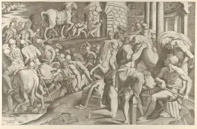 The Trojans hauling the wooden horse into Troy