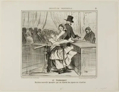 The Turnstile. A new machine invented by the enemy of crinoline petticoats, plate 15 from L'exposition Universelle