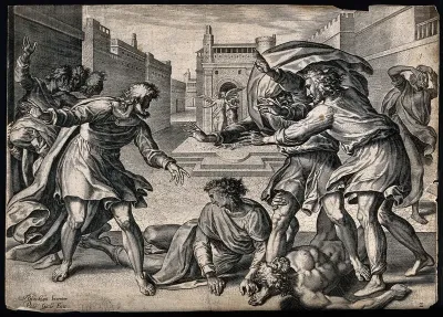 The two angels visiting Lot's house in Sodom strike blind the rapacious mob outside