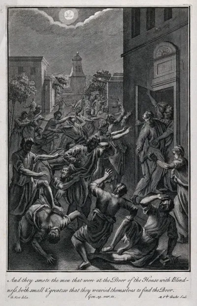 The two angels visitng Lot's house in Sodom pull him back into his house, away from the rapacious, blinded mob