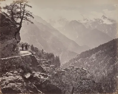 The Upper Himmalayahs. View on the New Road between India and China. Mt. Pangi with the Snowy Peaks of China in the Distance