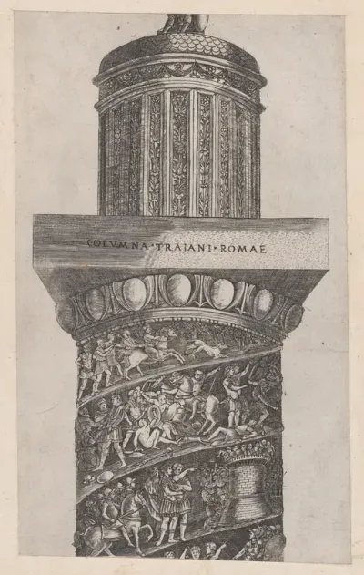 The upper portion of Trajan's Column, showing arabesque work on the crowning turret, from "Speculum Romanae Magnificentiae"