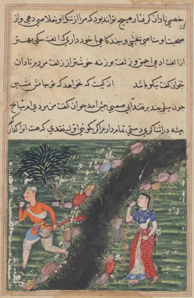 The vagabond crosses a stream with the possessions of the daughter-in-law of the king of Banaras and absconds, from a Tuti-nama (Tales of a Parrot): Sixteenth Night