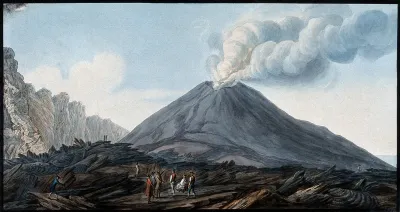The valley Atrio di Cavallo between Vesuvius and Somma, showing smoke emerging from Vesuvius before eruption