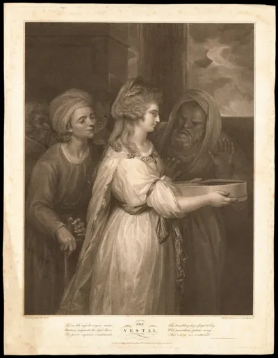 The Vestal virgin Tuccia being inspected while carrying water in a sieve to prove her chastity