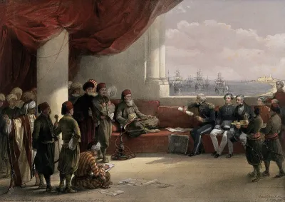 The Viceroy of Egypt in conversation with British officials, with attendants looking on, Alexandria, Egypt