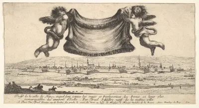 The villa at Nancy in the background, two putti holding a drapery at top center, from "Various views of remarkable palaces in Italy and France" (Diverses vues d'endroits remarquables d'Italie et de France)