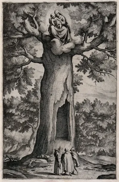 The Virgin and Child appearing at the top of a beech tree to three monks who live on mount La Verna