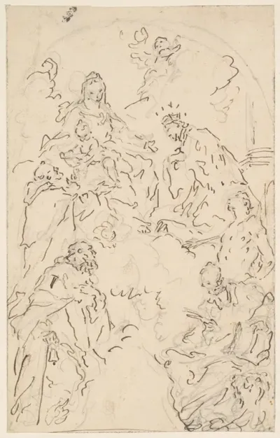 The Virgin and Child Enthroned on a Cloud, with Saints Dominic, John Nepomuk, Sebastian, Mark, and Anthony Abbot