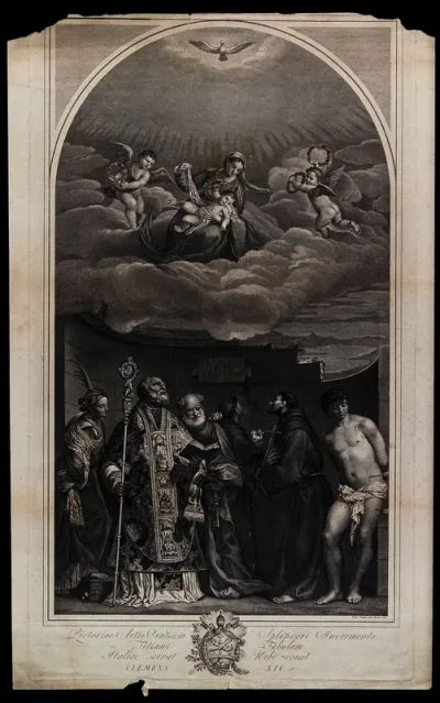The Virgin and Child with a female martyr saint, Saint Nicholas of Bari, Saint Peter, Saint Antony of Padua, Saint Francis of Assisi and Saint Sebastian
