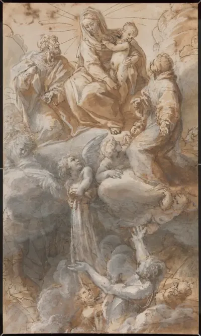 The Virgin and Saint Joseph with Saint Anthony of Padua Seated in the Heavens Interceding for the Souls in Purgatory, While an Angel Pours Fluid from a Vase onto the Crowd Below (recto and verso)
