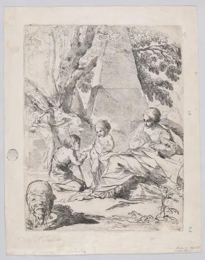 The Virgin at the right with the Christ Child and St John the Baptist at left, a pyramid structure in the background