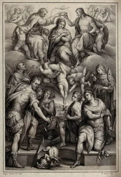 The Virgin being crowned in heaven with Saint Nabor and Saint Felix, Saint John the Baptist, Saint Francis, Saint Clare and Saint Catherine