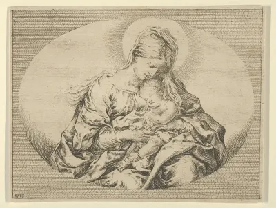 The Virgin holding the infant Christ, an oval composition, after Reni