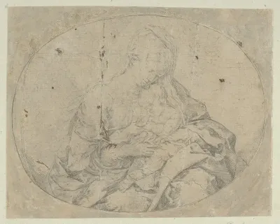 The Virgin holding the infant Christ, an oval composition, counterproof