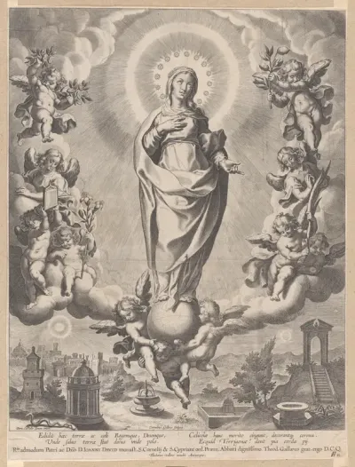 The Virgin in Glory, standing on clouds and surrounded by angels holding the symbols of the Immaculate Conception