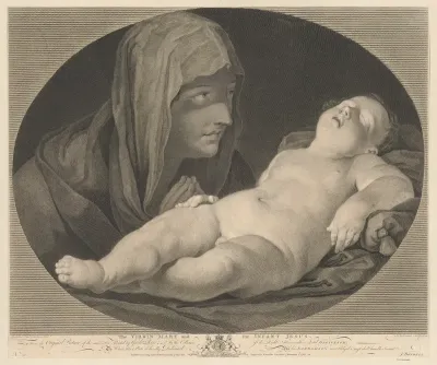 The Virgin in prayer, looking at the sleeping infant Christ, in an oval frame, after Reni