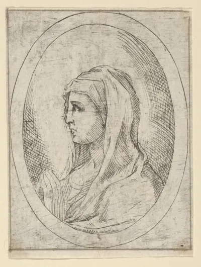 The Virgin in prayer, seen in profile facing left, in an oval frame, from "Christ, the Virgin, and Thirteen Apostles"