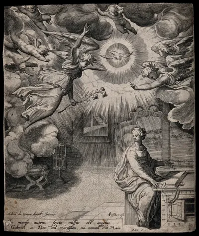 The Virgin looks away from her Bible as the angel appears, bearing lilies