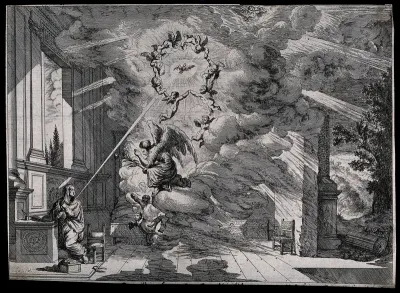 The Virgin looks up at the announcing angel; cherubs spin in a circle around the Holy Spirit