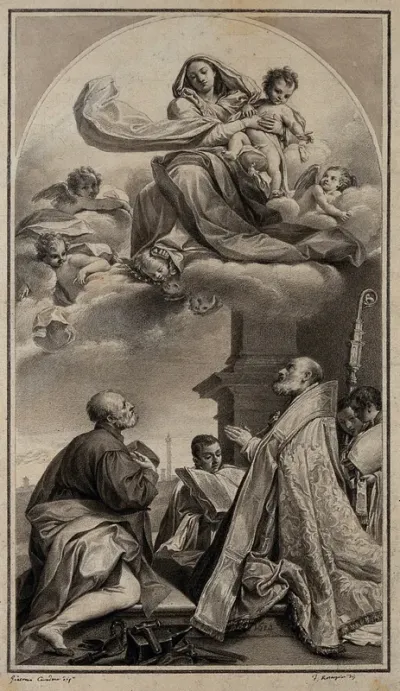 The Virgin Mary and Christ child with Eloi (Eligius), bishop of Oise (and patron saint of Bologna)
