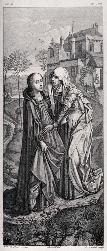 The Virgin Mary and Elizabeth palpate each other's pregnant bellies on a hill