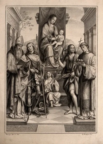 The Virgin Mary and the Christ child, with Saint Augustine, Saint George, Saint John the Baptist, Saint Stephen and an angel with a lily