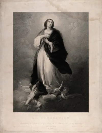 The Virgin Mary, immaculately conceived, descends from heaven, a sickle moon beneath her feet
