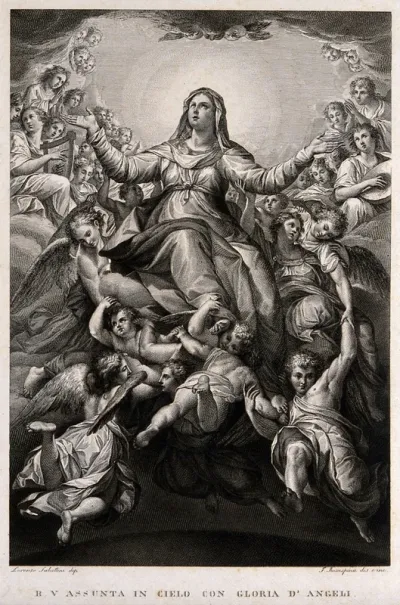 The Virgin Mary is borne upwards to a heaven crowded with angels