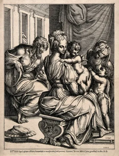 The Virgin Mary nursing the infant Jesus with Elizabeth and John the Baptist, Joseph is reading in the background