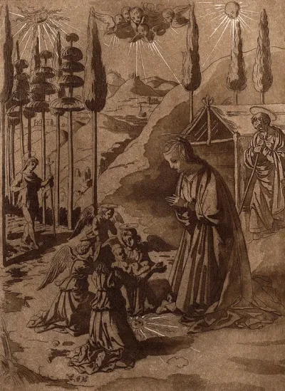 The Virgin Mary prays to the infant Jesus, who is being carried by four kneeling angels; they all stand in a circle around the sun drawn on the ground