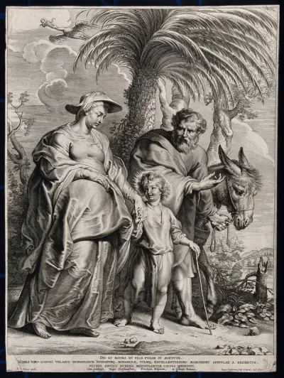 The Virgin Mary, pregnant with James, and Joseph voyage back from Egypt with the child Jesus