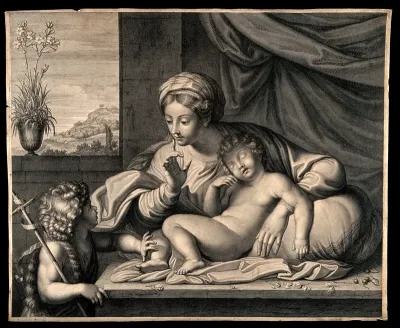 The Virgin Mary telling a young Saint John the Baptist to be quiet as the baby Jesus is sleeping