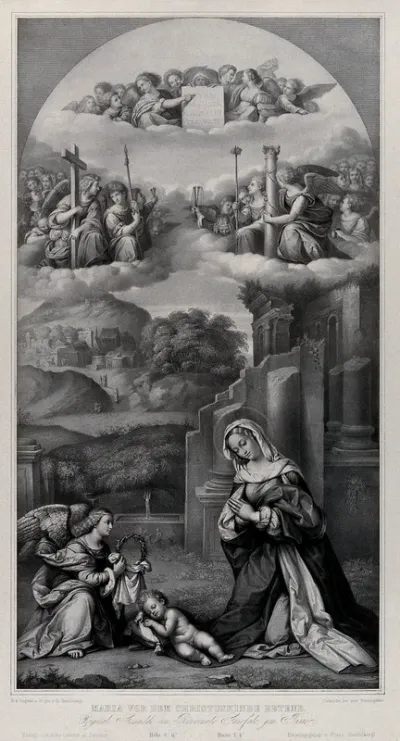 The Virgin Mary venerating the Christ Child with angels presenting the instruments of the Passion