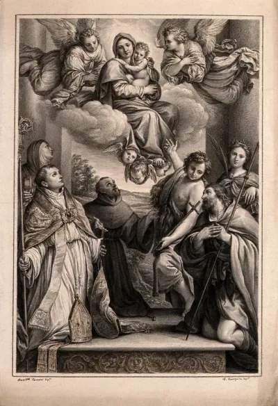 The Virgin Mary with the Christ Child and angels above; with Saint Louis of Toulouse, Saint Clare, Saint Francis, Saint John the Baptist, Saint Catherine of Alexandria and Saint Alexis below