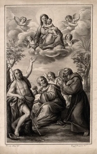 The Virgin Mary with the Christ child in glory above, with Saint John the Baptist, Saint Mark and Saint Francis below