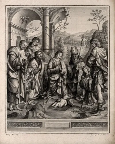 The Virgin Mary with the Christ child, Saint Augustine, Saint Antony, two angels, Antonio Galeazzo Bentivoglio (the patron) and a shepherd