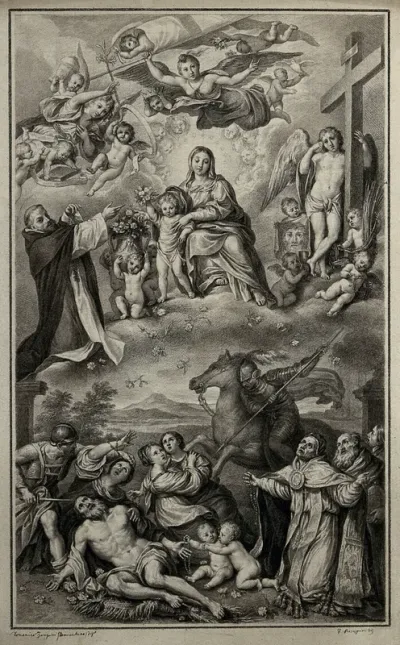 The Virgin Mary with the Christ child, saints and martyrs (known as the 'Madonna del Rosario') Drawing by F