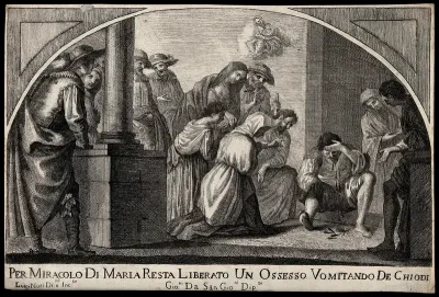 The Virgin miraculously heals a man possessed by a devil by making him vomit nails