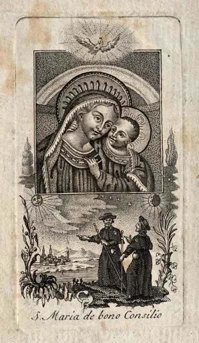 The Virgin of Good Advice protecting two pilgrims