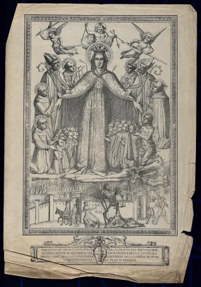 The Virgin of Mercy responding to the intercessions of saints by protecting people from arrows symbolising disease; the Devil rules below, where plague attacks the land