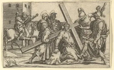 The Virgin of Sorrows: Christ Bearing the Cross; one of nine surrounding compartments from the Virgin of Sorrows, now separated