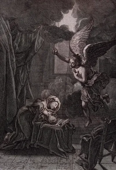 The Virgin, reading a scroll on a prie-dieu, is visited by the announcing angel