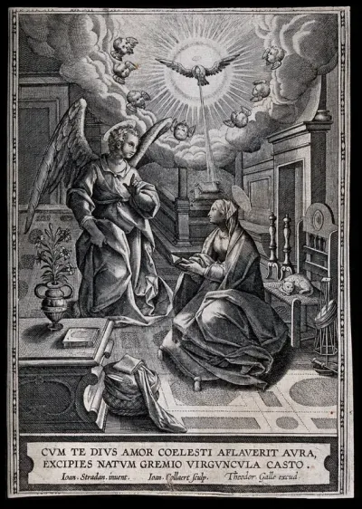 The Virgin reads her Bible as the angel appears with the Holy Spirit