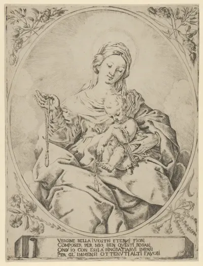The Virgin seated holding a rosary in her right hand, the infant Christ on her lap holding several rosaries, in an oval frame with flowers surrounding it and a tablet with inscription at the base