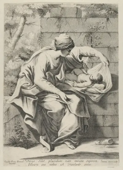 The Virgin seated on a stone ledge with the infant Christ lying on a cushion next to her, after Reni
